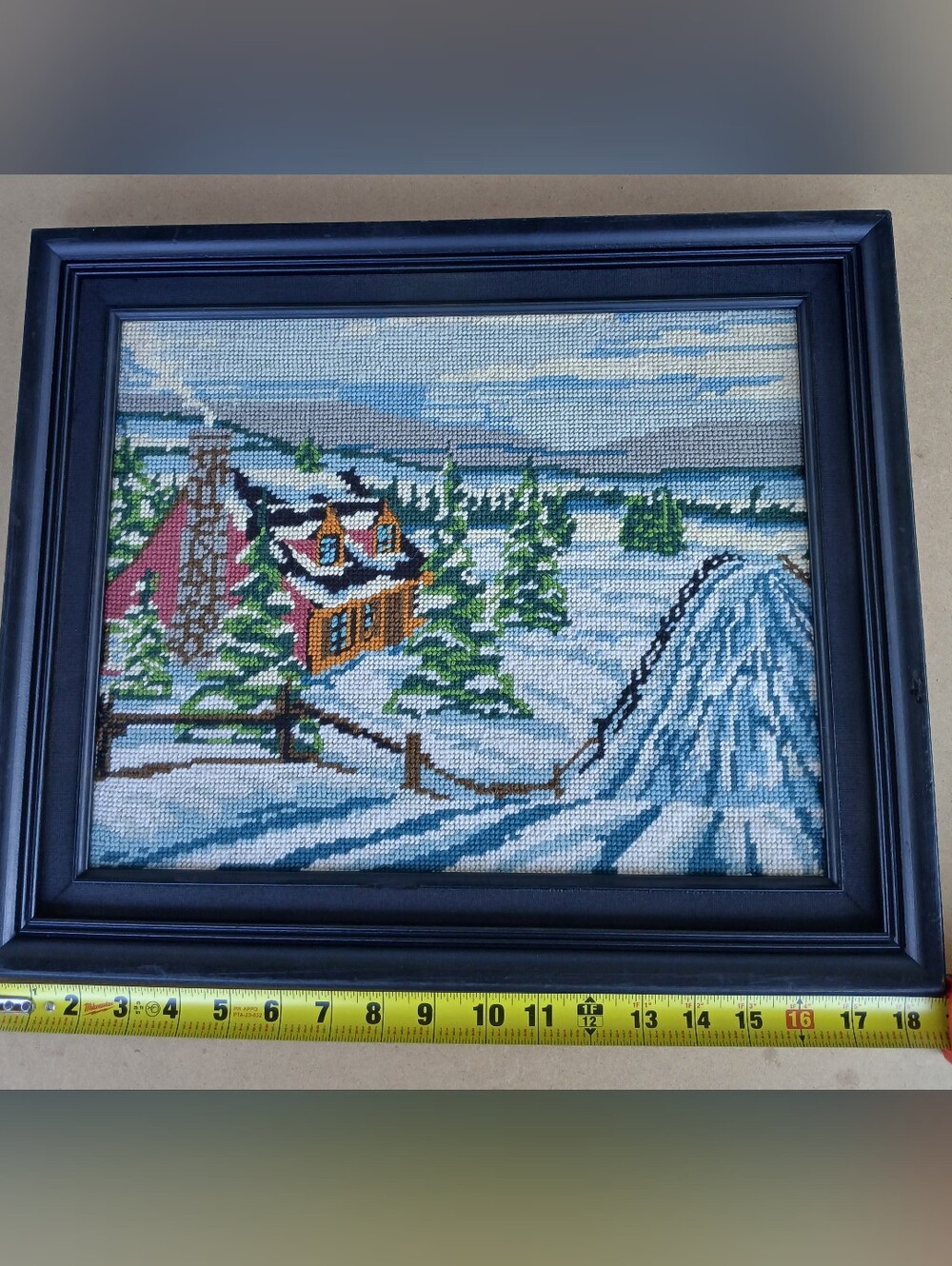 Vintage Old Framed Needlepoint of a Cottage Winter Scene